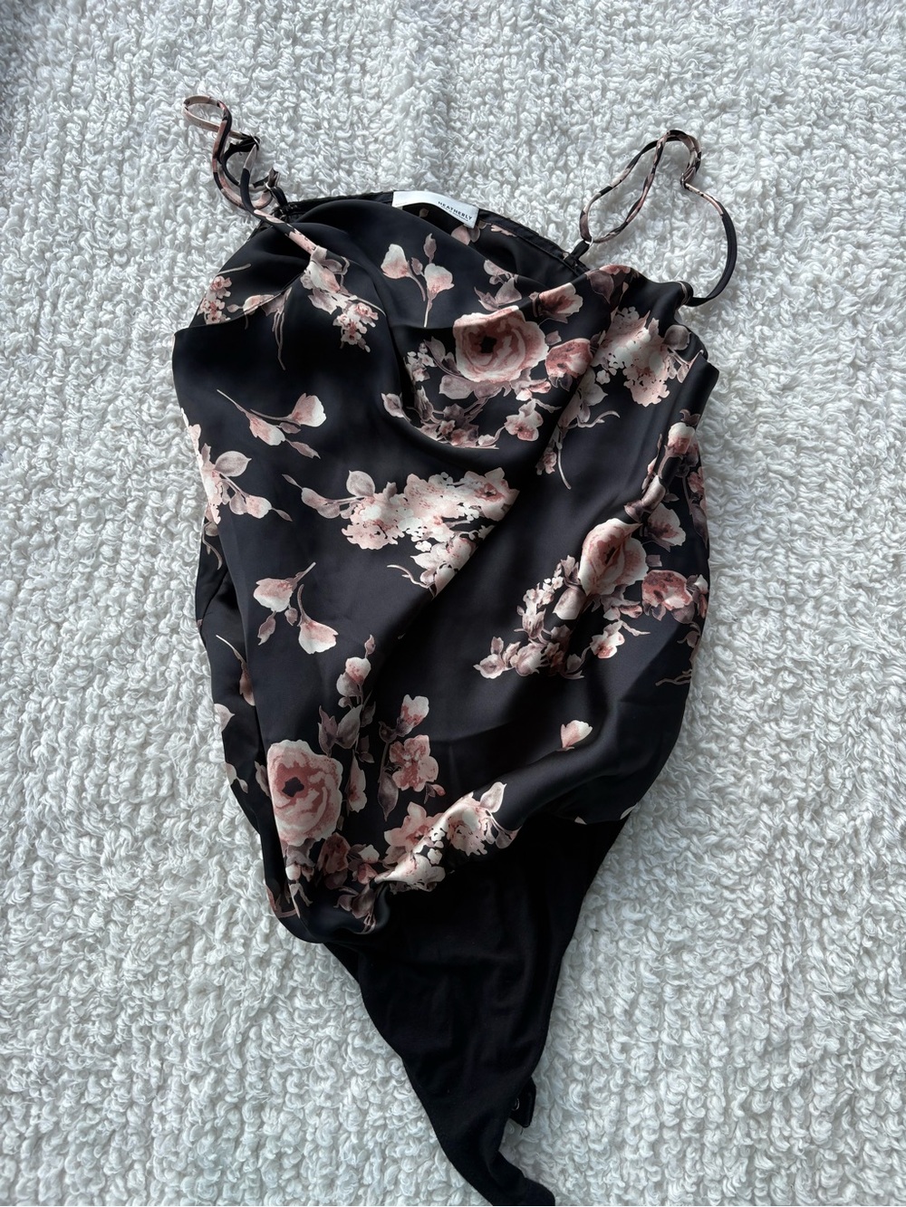 Heatherly Black Floral Satin Cowl Neck bodysuit